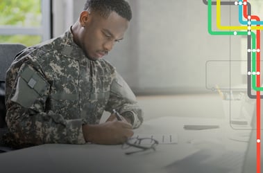 Man in military uniform works at desk in an office